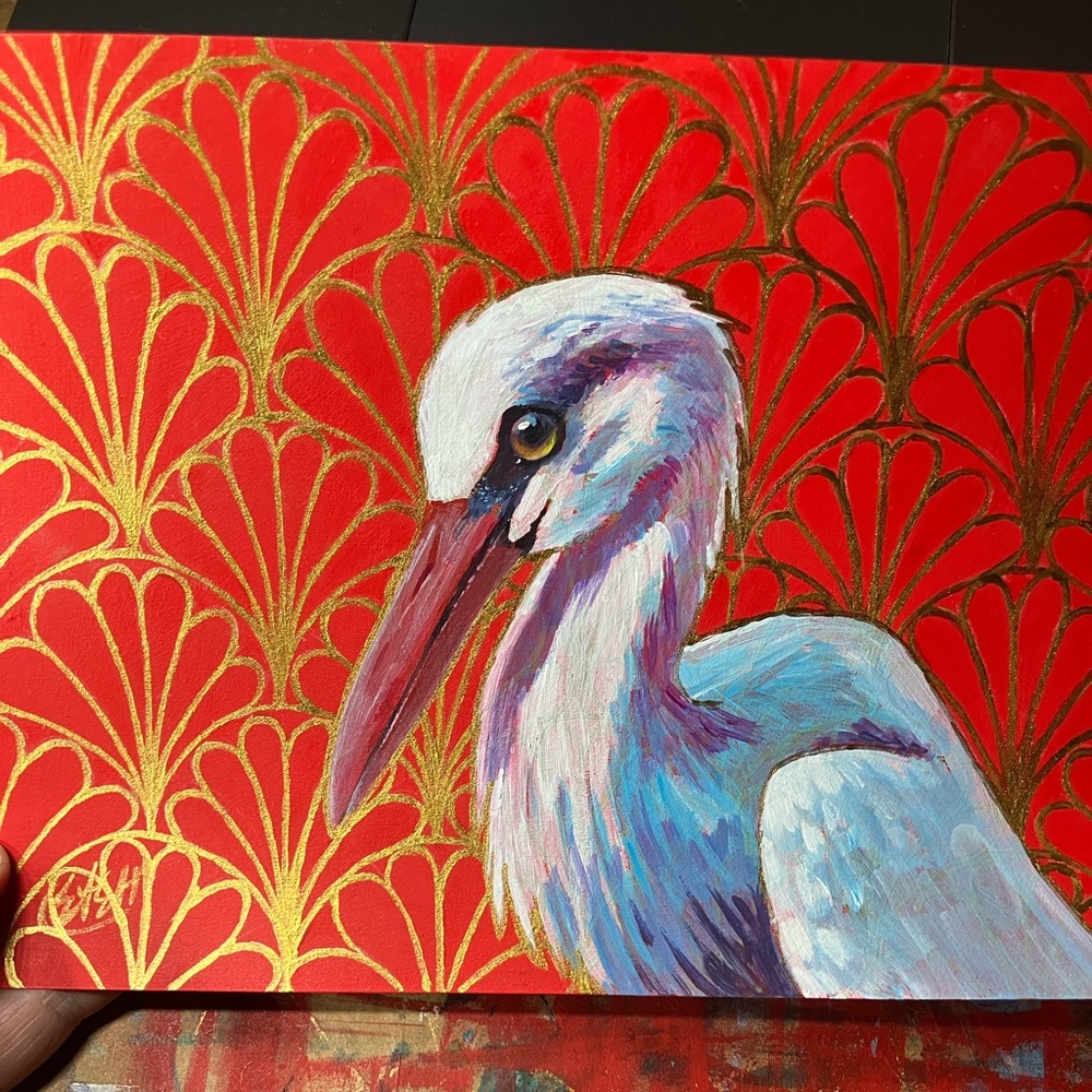Original Stork painting art deco realism contemporary surreal handmade Artettina